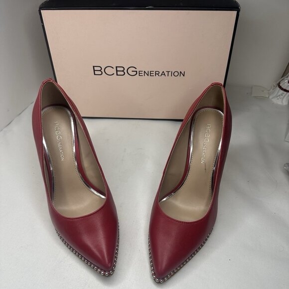 BCBG Generation Leather Stilletto Red Studded Shoes Almond toe heels Pumps - Picture 4 of 13